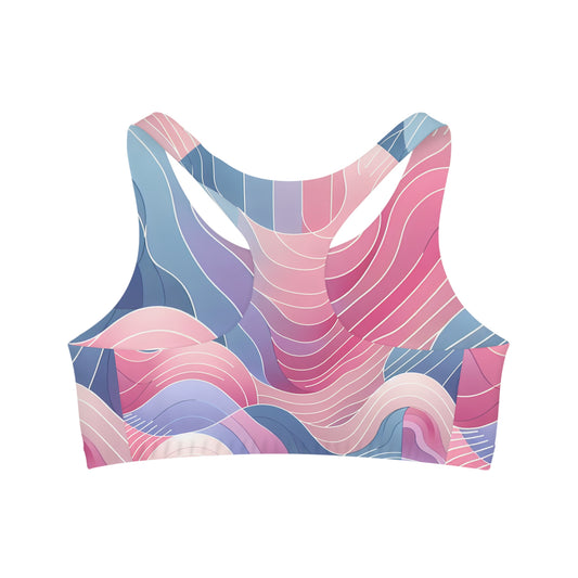Close-up view of the Serena Valentina Abstract Pastel Sports Bra showcasing its perfect stretch and modern abstract patterns, designed for high-performance activities.