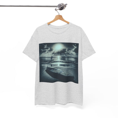 Model wearing the Elegant Paddle Board T-Shirt at the beach, promoting adventurous outdoor lifestyle by Dazzling Dreams Studio.