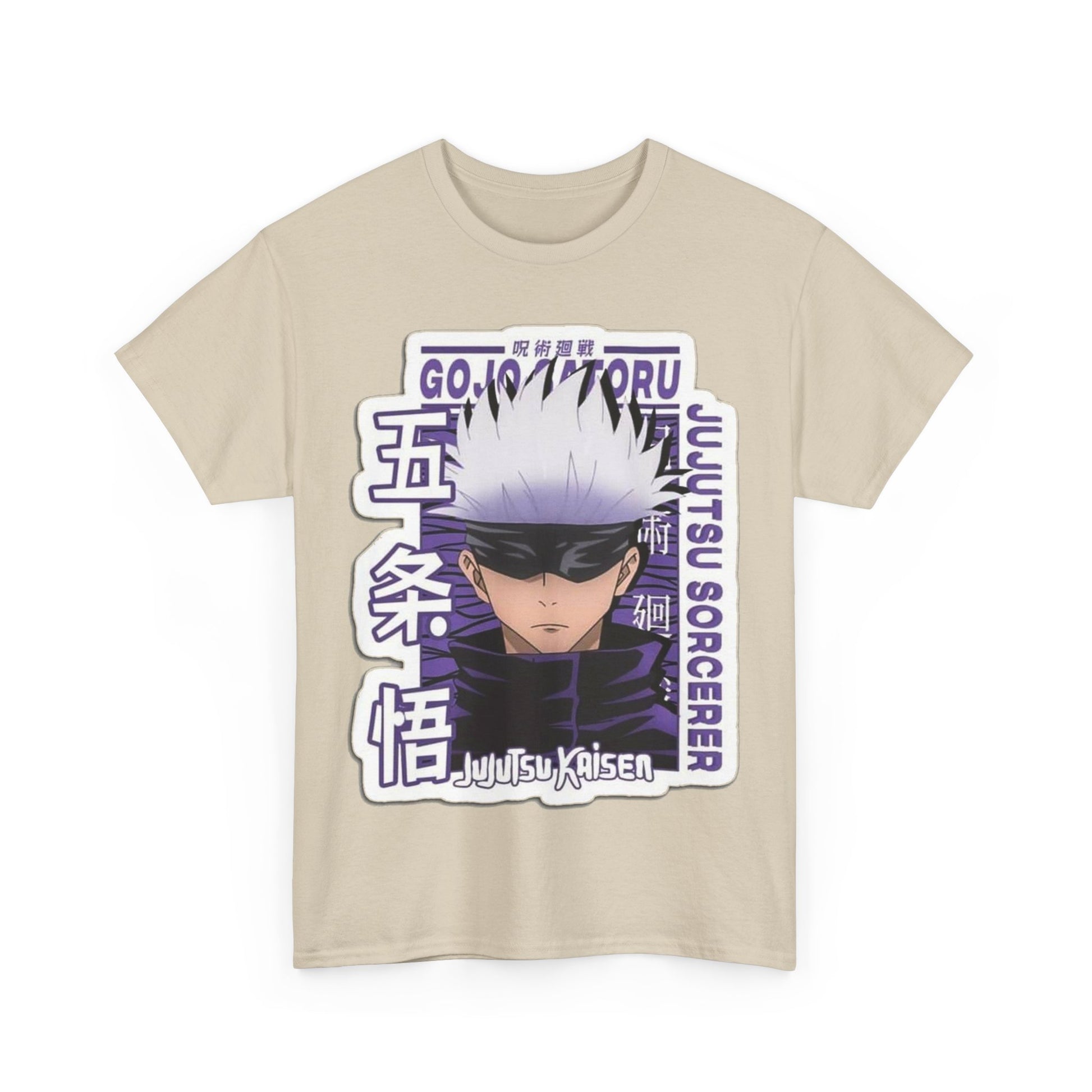 Elegant beige variant of the Gojo Satoru T-shirt, showcasing the striking anime artwork and high-quality fabric, ideal for stylish anime enthusiasts.