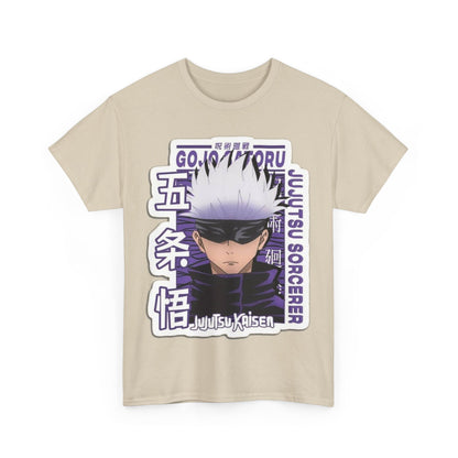 Elegant beige variant of the Gojo Satoru T-shirt, showcasing the striking anime artwork and high-quality fabric, ideal for stylish anime enthusiasts.