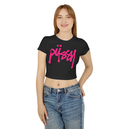 Luxurious women’s cropped t-shirt featuring a playful hot pink graphic design on a classic black background, perfect for making a bold style statement.
