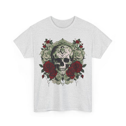 Front view of Skulls and Roses Cotton Tee in light grey, featuring a striking skull graphic framed by roses, epitomising luxury and individual style.