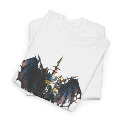 Stylish stacked view of two white t-shirts showcasing an eye-catching graphic of a warlord with majestic wings, ideal for casual wear and fantasy events.