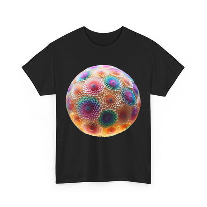 Iridescent Floral Sphere Unisex Cotton Tee Graphic T Shirt showcasing a vibrant floral design on a black background, perfect for luxury fashion enthusiasts.