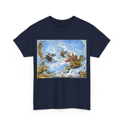Front view of the luxurious Discworld The Light Fantastic Graphic Unisex Tee Shirt showcasing vibrant imagery from Terry Pratchett’s universe, crafted for the stylish enthusiast.