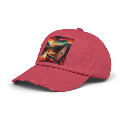 Unisex Distressed Paddleboarders Cap - Stylish Sun Protection for Paddleboard Enthusiasts, presented in a rich pink colour with a captivating paddleboarding image.