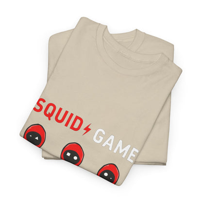 Chic beige 'Squid Game' unisex t-shirts with bold red and black hooded figure design, blending style and pop culture.