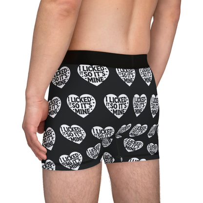 Back view of Valentine's Naughty Cheeky Men's Boxer Briefs, highlighted by the cheeky heart design and phrase 'I LICKED IT SO IT'S MINE', offering a fun and stylish approach to men's underwear.
