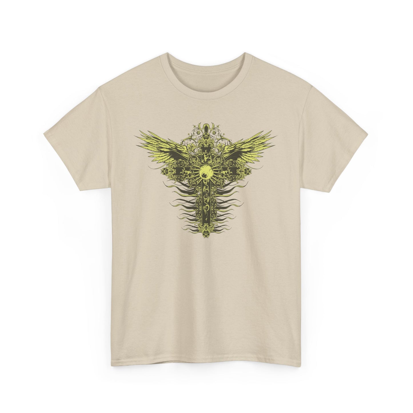 Chic beige men's t-shirt featuring a striking yellow-gold graphic of a cross with wings, combining style and luxury.