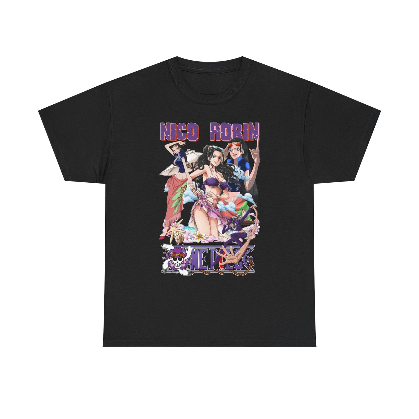 Sophisticated black t-shirt showcasing vibrant anime artistry of Nico Robin, styled for a trendy beach aesthetic. Ideal for fashion-savvy anime lovers wanting to stand out.