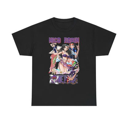 Sophisticated black t-shirt showcasing vibrant anime artistry of Nico Robin, styled for a trendy beach aesthetic. Ideal for fashion-savvy anime lovers wanting to stand out.