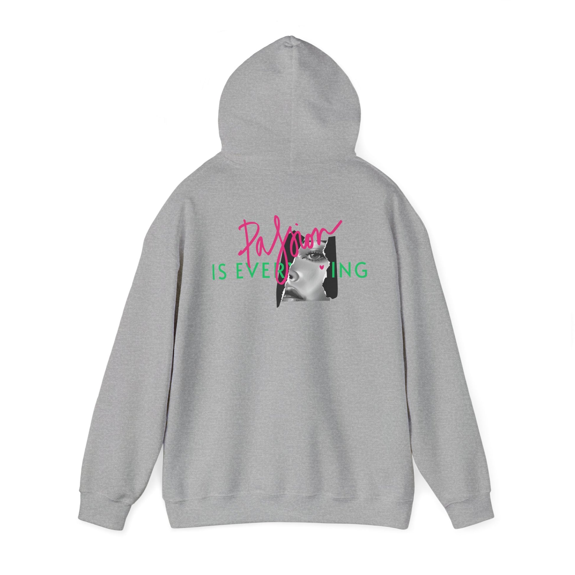 Stylish grey hoodie featuring a compelling back graphic of 'Passion IS EVERYTHING' in bold pink and green letters, enhanced by an elegant black and white portrait.
