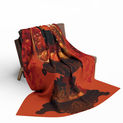 Luxuriously draped Decorative and Warm Halloween Spooky Arctic Fleece Blanket on a plush armchair, showcasing stunning pumpkin designs, perfect for creating an inviting Halloween atmosphere.