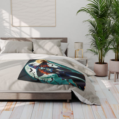 Elegant Decorative and Warm Halloween Cute Arctic Fleece Blanket displayed in a cozy living room setting, showcasing its luxurious design for the Halloween season.