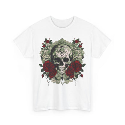 Luxury Skulls and Roses Cotton Tee featuring a captivating steampunk design with a central skull surrounded by exquisite red roses, perfect for edgy elegance and casual style.