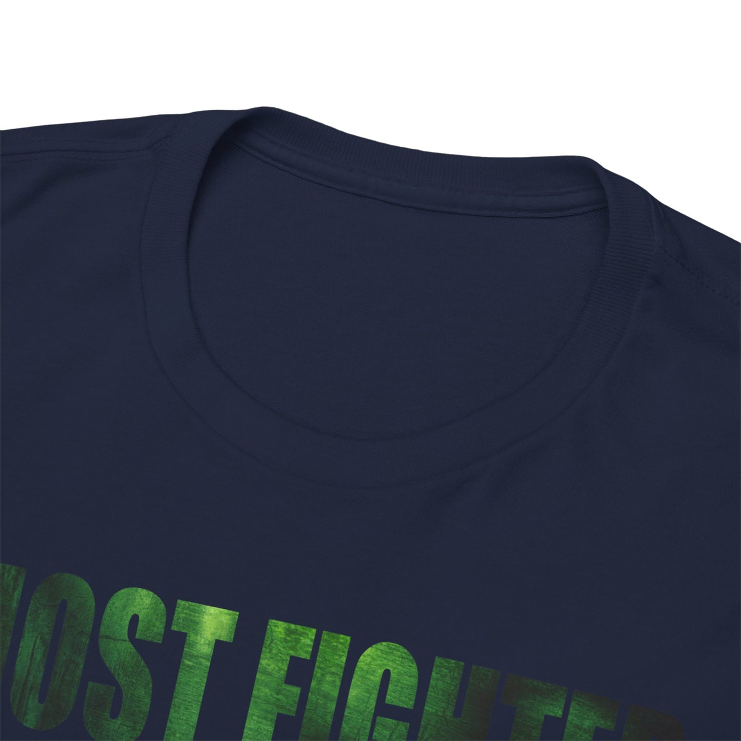 Close-up of the Ghost Fighter graphic t-shirt neckline, displaying luxurious fabric quality and characterful print, perfect for anime fashion aficionados.