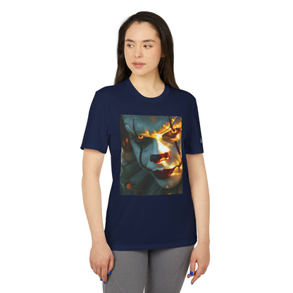 Model displaying the front of the Adidas Unisex Halloween Pennywise Cute T-shirt in navy, featuring a striking Pennywise graphic design.