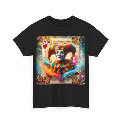 Harlequin Playing Card Graphic Tee in stylish black with an eye-catching harlequin pattern and jester graphic, combining vintage charm with modern luxury.