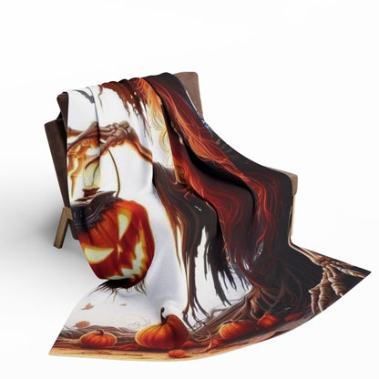 Chic Decorative and Warm Halloween Spooky Arctic Fleece Blanket elegantly draped over a chair, featuring a vibrant design that combines classic Halloween elements for a stylish seasonal accent.