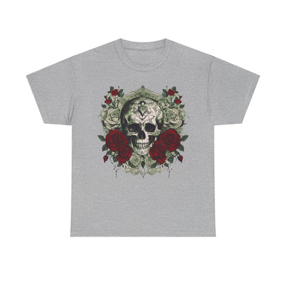 Skulls and Roses Cotton Tee displayed on a neutral background, showcasing the intricate design of skulls surrounded by roses, embodying a sophisticated blend of edgy elegance.