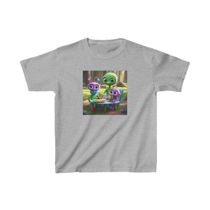 Kids Cute Aliens Heavy Cotton T-Shirt in grey with delightful alien illustrations, perfect for playful young explorers.