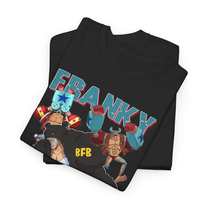Luxurious folded black t-shirts featuring eye-catching anime art of Franky and friends, a perfect choice for discerning anime enthusiasts.