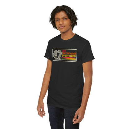Men's T-Shirt showcasing the iconic '42 LIFE, THE UNIVERSE, EVERYTHING' design from Hitchhiker's Guide to the Galaxy, worn by a model with stylish hair.