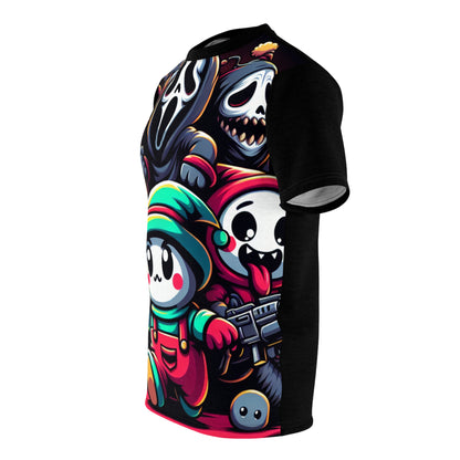 Spookley Frightwhisker Cartoon T-Shirt by Dazzling Dreams Studio showcasing a playful horror design, featuring vibrant red accents against a luxurious black backdrop.