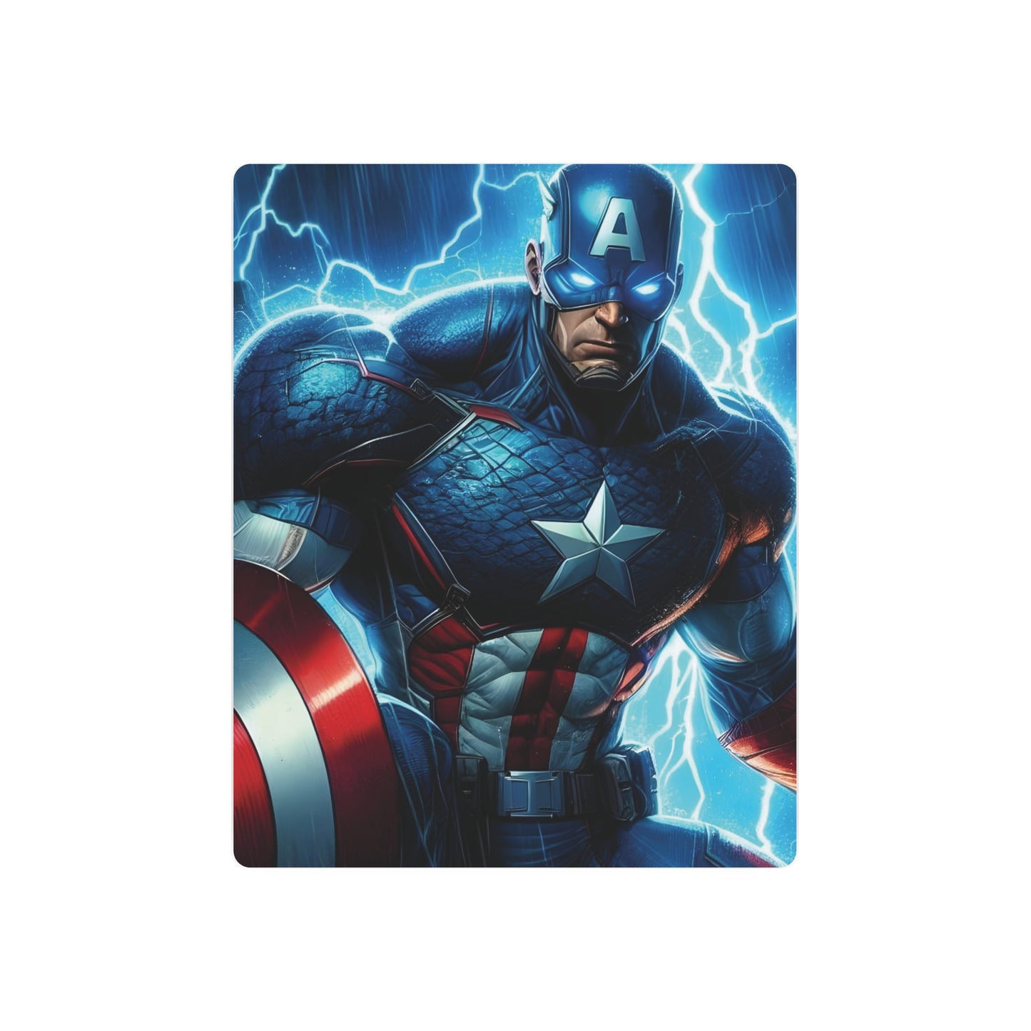Marvel Captain America Metal Art Poster showcasing a majestic superhero in a dynamic display of colours, made from durable aluminium, perfect for sophisticated decor in homes or offices.