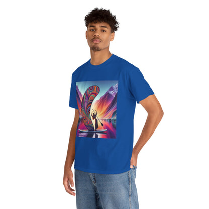 Man in the Luxury Paddleboard Adventure T-Shirt, highlighted with a striking paddleboarding graphic, perfect for expressing a passion for outdoor adventures.