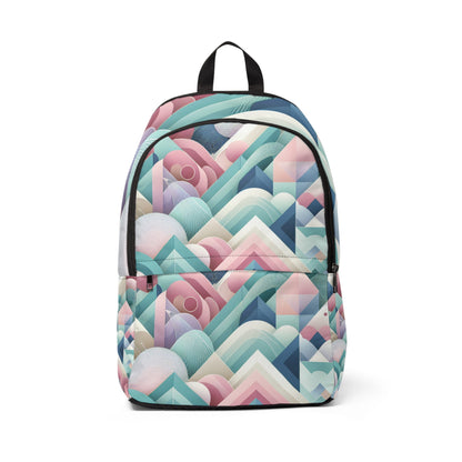 Pastel Geometric Backpack by Dazzling Dreams Studio in mint green, powder blue, cherry blossom pink, and lavender, featuring chic geometric patterns and stylish urban design.