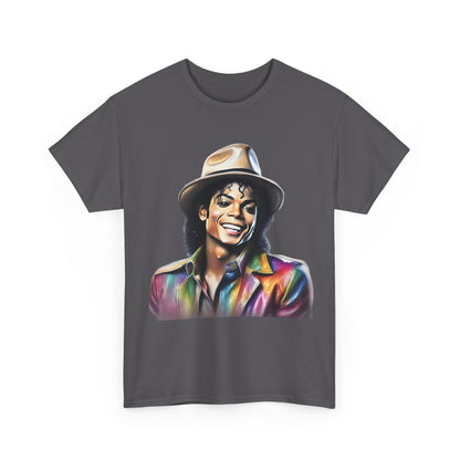 Front view of Michael Jackson Portrait Graphic Unisex T-Shirt – Luxurious Art Tee Celebrating The King Of Pop, highlighting a vibrant digital painting of Michael Jackson with a light brown fedora.