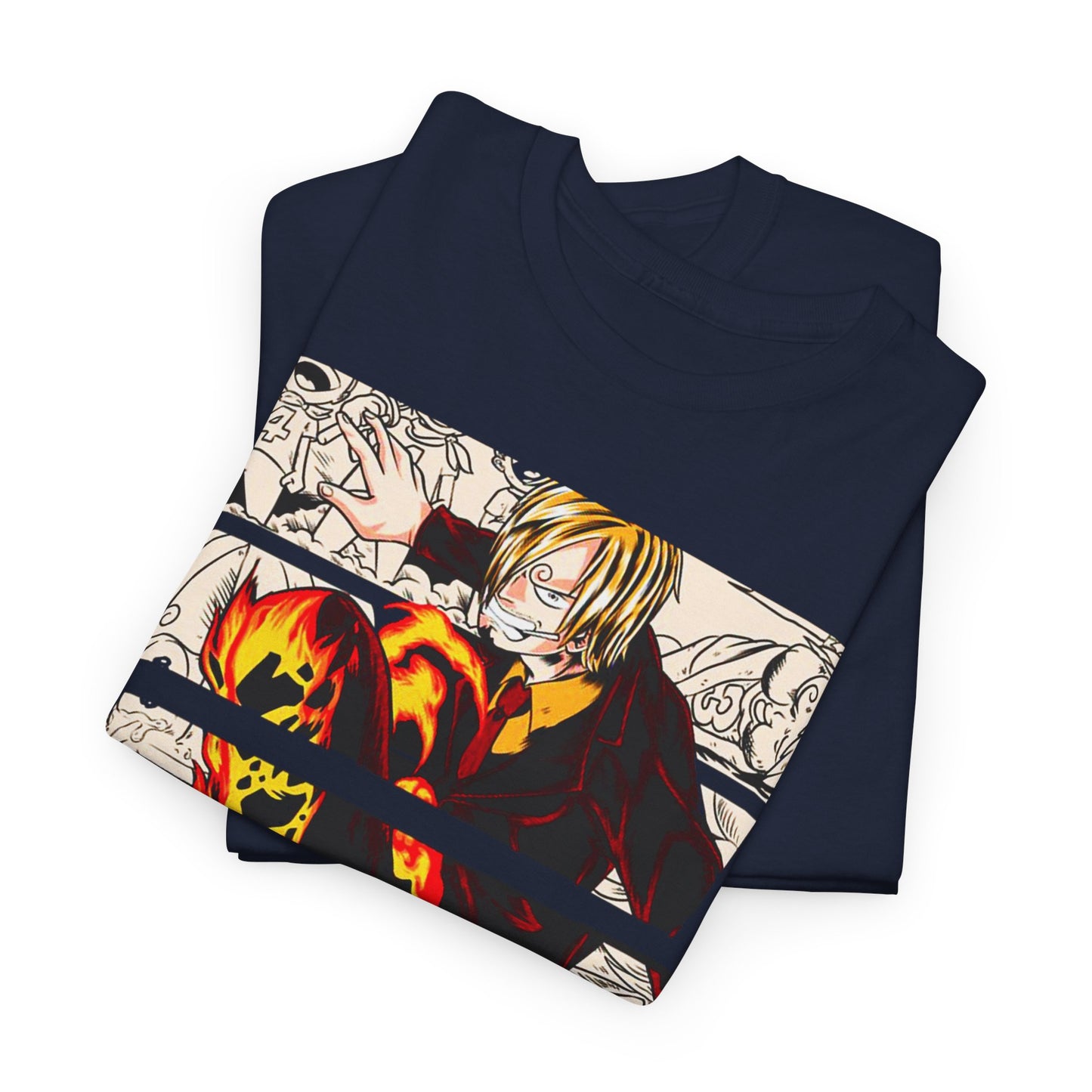 Folded luxurious navy graphic tees featuring Sanji's captivating design, perfect for anime lovers looking to add elegance to their wardrobe.