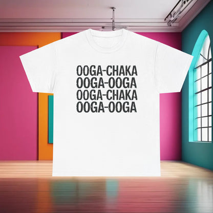 Chic white cotton graphic t-shirt titled 'Hooked On a Feeling' showcasing the memorable phrase 'Ooga Chaka' in bold black lettering, depicted in a stylish and colourful interior setting.