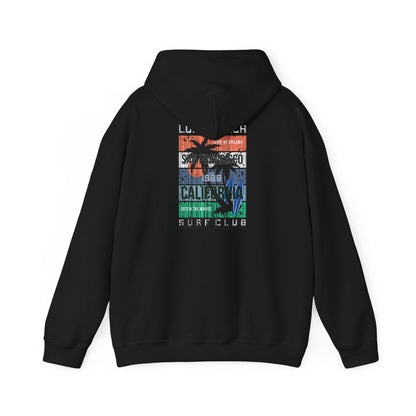 Striking black Urban Vibes Back Print Hoodie adorned with a San Francisco surf club graphic, offering a sophisticated twist on coastal fashion.