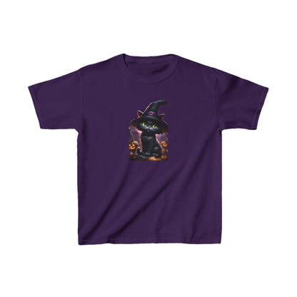 Kids Cute Kitten Halloween T-shirt in elegant purple, showcasing a charming witch kitten design, ideal for Halloween festivities.