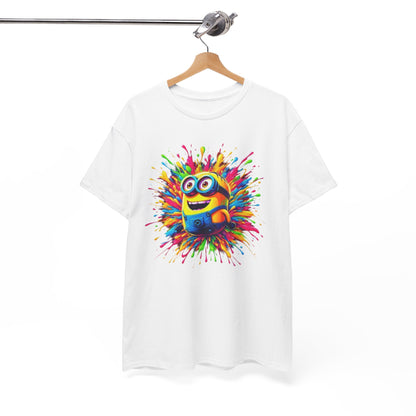 Funny T-Shirt displayed on a hanger, featuring a colourful Minion paint splash graphic. A must-have for Minions enthusiasts looking for unique style.