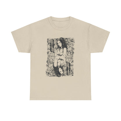 Elegant beige men's t-shirt displaying a detailed black and white illustration of a queen, surrounded by intricate patterns, embodying sophistication and artistic flair.