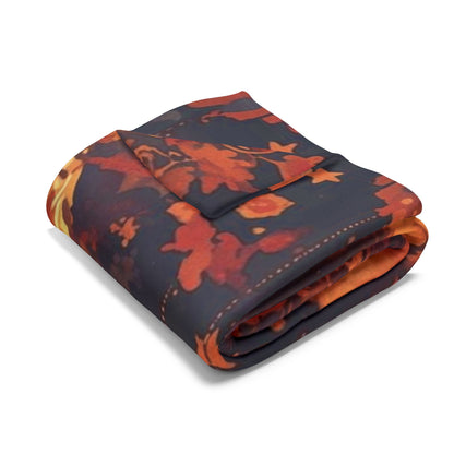 Luxury Decorative and Warm Halloween Spooky Arctic Fleece Blanket folded neatly, featuring an enchanting design with a black cat and festive autumn hues, perfect for seasonal decor.