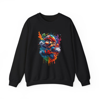 Luxurious Computer Game Character Unisex Crewneck Sweatshirt featuring an artistic depiction of a vibrant, animated character, skillfully crafted in a lively design on a sleek black background, perfect for fashion-forward gamers.