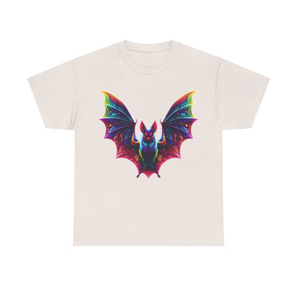 Radiant Evolution Bat Tee - An exquisite off-white cotton t-shirt featuring a captivating bat illustration in vivid colours, ideal for casual elegance.