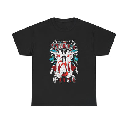 Elegant graphic tee in black displaying 'SWEET LUST' with charismatic pin-up girls in striking red attire, enhanced by joyful elements like cocktail glasses and dice, ideal for a chic and sophisticated look.