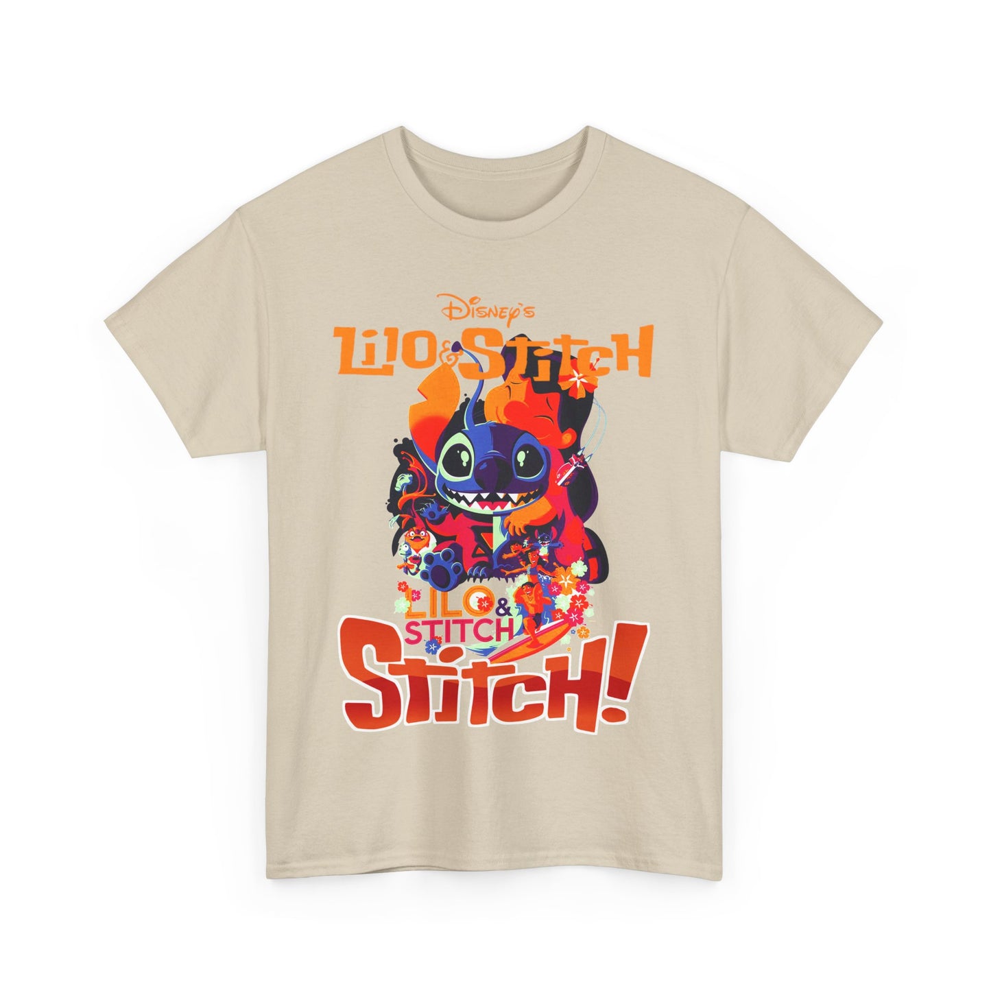 Luxurious Lilo & Stitch graphic t-shirt, featuring vibrant, playful artwork of Stitch surrounded by colourful Hawaiian flowers, ideal for Disney fans seeking stylish, nostalgic apparel.