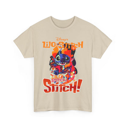 Luxurious Lilo & Stitch graphic t-shirt, featuring vibrant, playful artwork of Stitch surrounded by colourful Hawaiian flowers, ideal for Disney fans seeking stylish, nostalgic apparel.