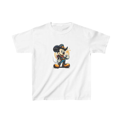 Unisex Kids Mickey Mouse Cotton T-Shirt in white colour featuring a playful graphic of Mickey Mouse in a cowboy outfit, perfect for stylish children's wear.