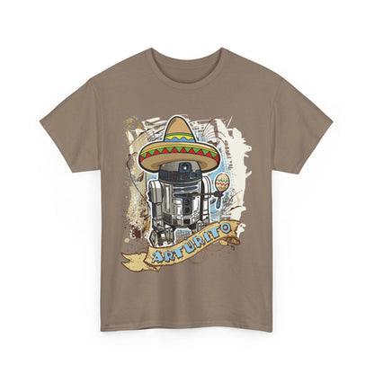 Elegant display of the Fiesta Mexican R2D2 unisex graphic T-shirt, showcasing unique cultural design with R2D2, a sombrero, and the text 'ARTURITO'.