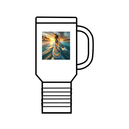 Fantasy Paddleboarding 40oz Insulated Stainless Steel Travel Mug featuring a vibrant design of a paddleboarder against a serene sunset backdrop, perfect for outdoor adventures and stylish sipping.