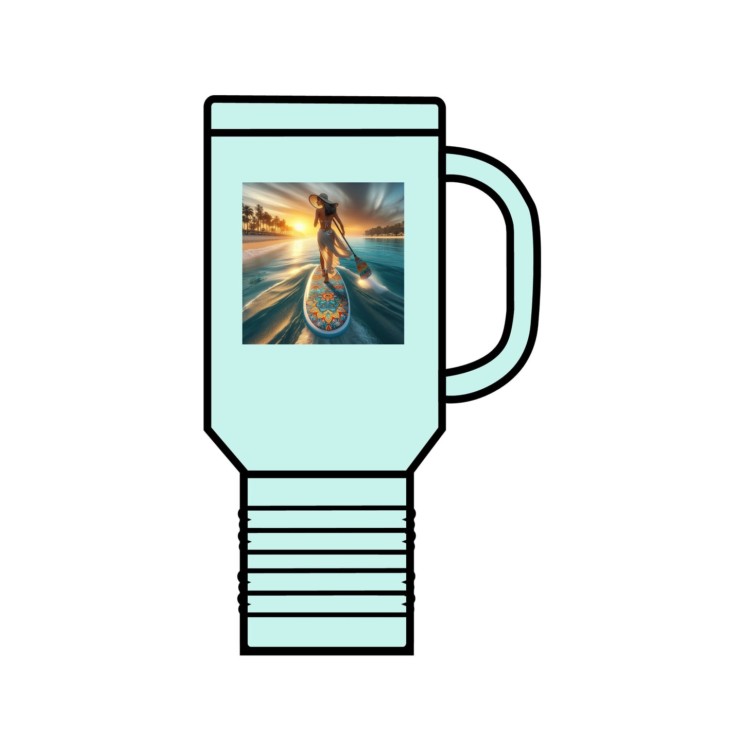 Elegant Fantasy Paddleboarding 40oz Insulated Stainless Steel Travel Mug in mint green, showcasing a captivating scene of a woman paddleboarding as the sun sets.