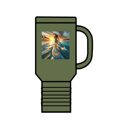 Fantasy Paddleboarding 40oz Insulated Stainless Steel Travel Mug in olive green, designed with an enchanting paddleboarding sunset image, a chic companion for sophistication on the go.