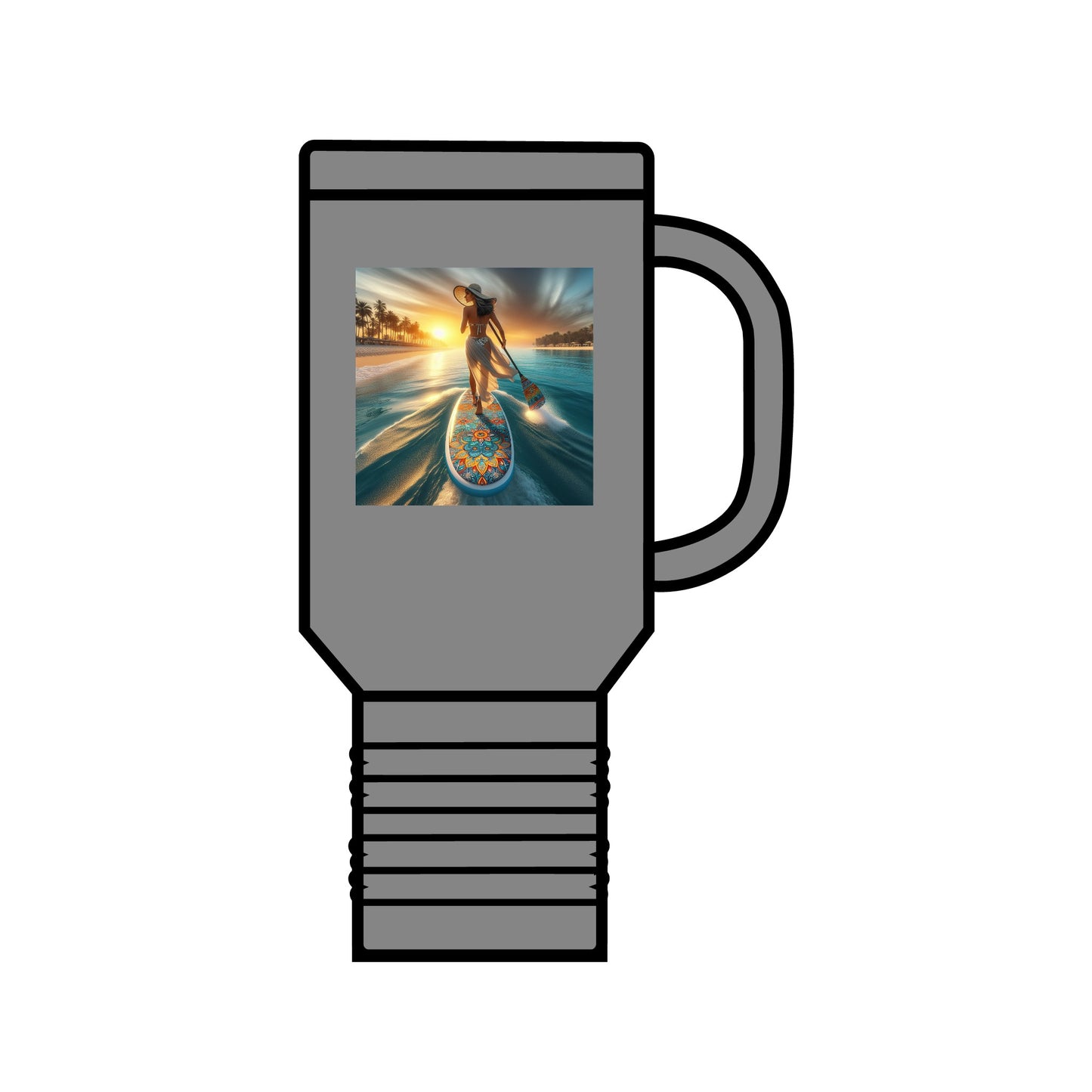 Fantasy Paddleboarding 40oz Insulated Stainless Steel Travel Mug in grey featuring a scenic image of paddleboarding at sunset, ideal for luxury adventures.